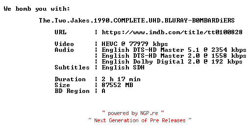 NFO for the release The.Two.Jakes.1990.COMPLETE.UHD.BLURAY-B0MBARDiERS by B0MBARDiERS