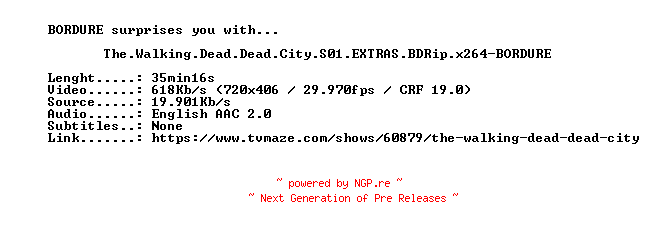 NFO for the release The.Walking.Dead.Dead.City.S01.EXTRAS.BDRip.x264-BORDURE by BORDURE