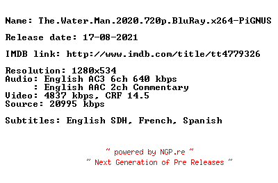 NFO for the release The.Water.Man.2020.720p.BluRay.x264-PiGNUS by PiGNUS