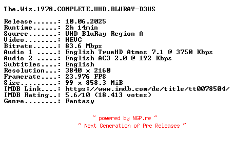 NFO for the release The.Wiz.1978.COMPLETE.UHD.BLURAY-D3US by D3US