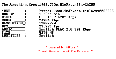 NFO for the release The.Wrecking.Crew.1968.720p.BluRay.x264-GAZER by GAZER