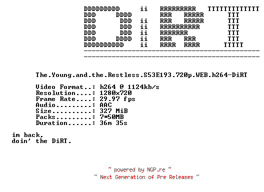 NFO for the release The.Young.and.the.Restless.S53E193.720p.WEB.h264-DiRT by DiRT