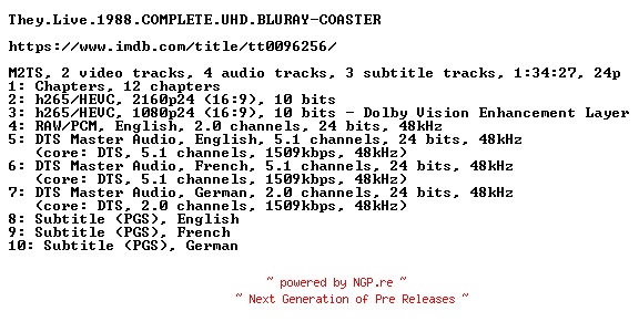 NFO for the release They.Live.1988.COMPLETE.UHD.BLURAY-COASTER by COASTER