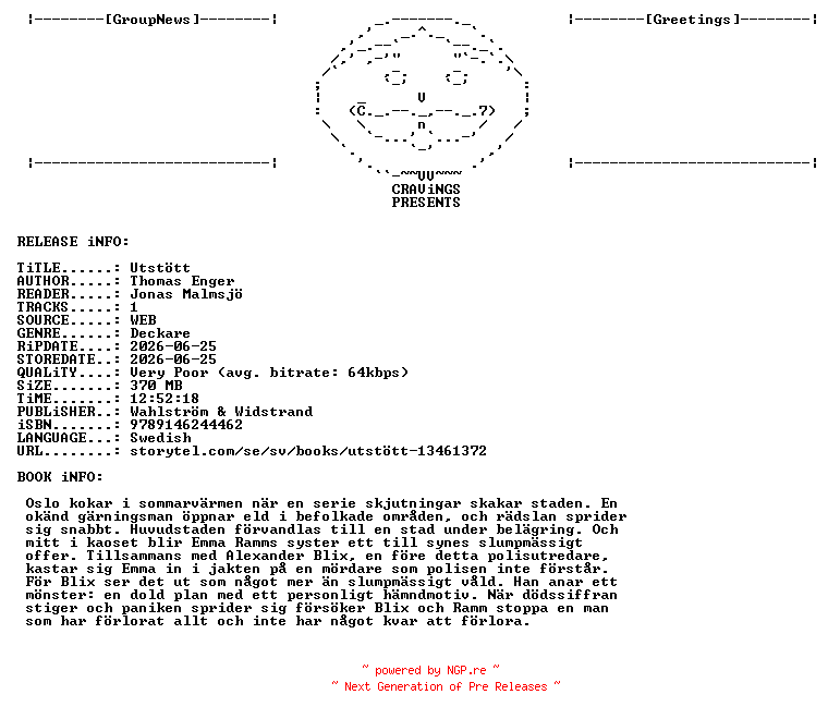 NFO for the release Thomas_Enger_-_Utstoett-AUDiOBOOK-WEB-SE-2026-CRAViNGS_iNT by CRAViNGS_iNT