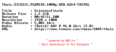 NFO for the release Thuis.S31E215.FLEMISH.1080p.WEB.h264-TRIPEL by TRIPEL