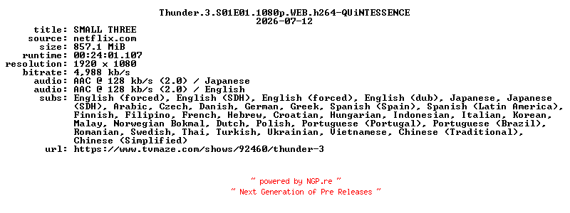NFO for the release Thunder.3.S01E01.1080p.WEB.h264-QUiNTESSENCE by QUiNTESSENCE