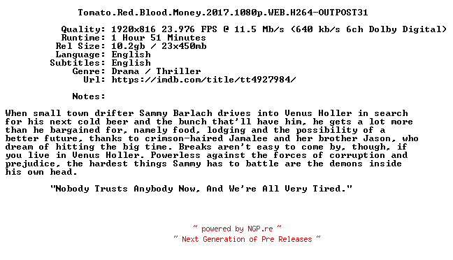 NFO for the release Tomato.Red.Blood.Money.2017.1080p.WEB.H264-OUTPOST31 by OUTPOST31