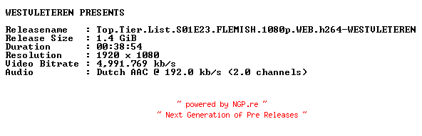 NFO for the release Top.Tier.List.S01E23.FLEMISH.1080p.WEB.h264-WESTVLETEREN by WESTVLETEREN