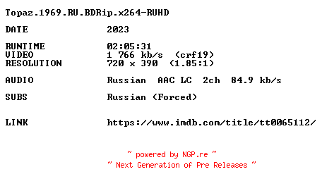 NFO for the release Topaz.1969.RU.BDRip.x264-RUHD by RUHD