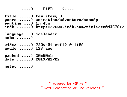 NFO for the release Toy.Story.3.2010.iNTERNAL.iCELANDiC.BDRip.x264-PiER by PiER