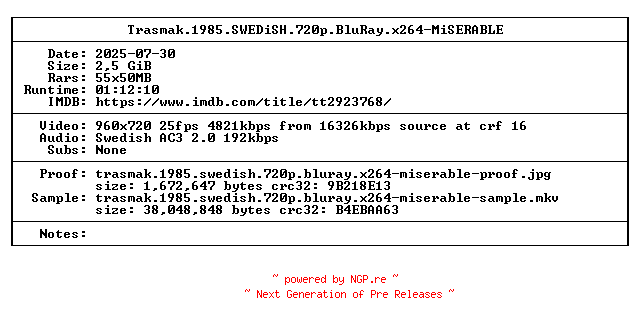 NFO for the release Trasmak.1985.SWEDiSH.720p.BluRay.x264-MiSERABLE by MiSERABLE