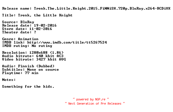NFO for the release Trenk.The.Little.Knight.2015.FiNNiSH.720p.BluRay.x264-RCDiVX by RCDiVX