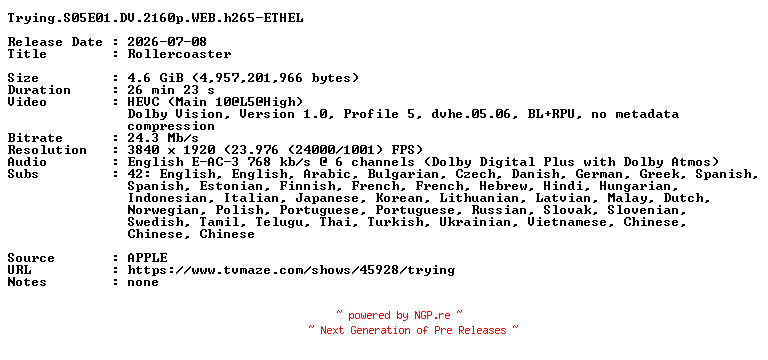 NFO for the release Trying.S05E01.DV.2160p.WEB.h265-ETHEL by ETHEL