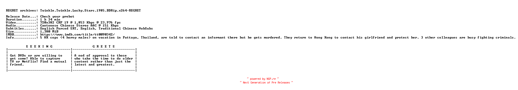 NFO for the release Twinkle.Twinkle.Lucky.Stars.1985.BDRip.x264-REGRET by REGRET