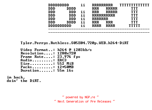NFO for the release Tyler.Perrys.Ruthless.S05E04.720p.WEB.h264-DiRT by DiRT