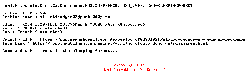 NFO for the release Uchi.No.Otouto.Domo.Ga.Sumimasen.E02.SUBFRENCH.1080p.WEB.x264-SLEEPINGFOREST by SLEEPINGFOREST
