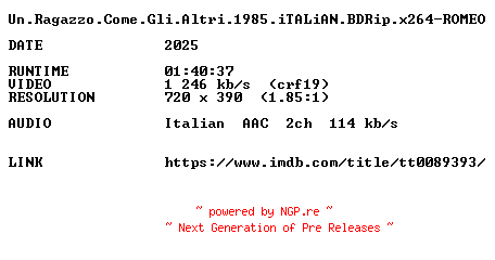 NFO for the release Un.Ragazzo.Come.Gli.Altri.1985.iTALiAN.BDRip.x264-ROMEO by ROMEO