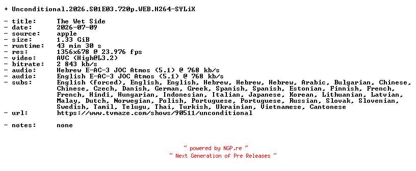 NFO for the release Unconditional.2026.S01E03.720p.WEB.H264-SYLiX by SYLiX