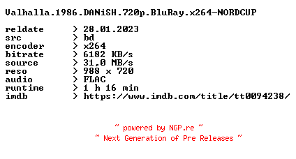 NFO for the release Valhalla.1986.DANiSH.720p.BluRay.x264-NORDCUP by NORDCUP
