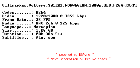 NFO for the release Villmarkas.Voktere.S01E01.NORWEGiAN.1080p.WEB.H264-KORPI by KORPI