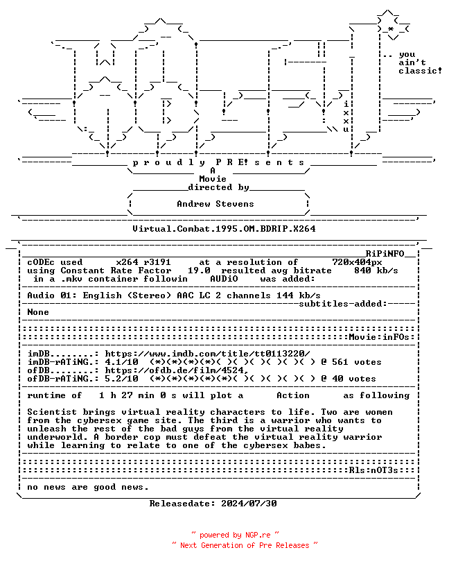 NFO for the release Virtual.Combat.1995.OM.BDRIP.X264-WATCHABLE by WATCHABLE