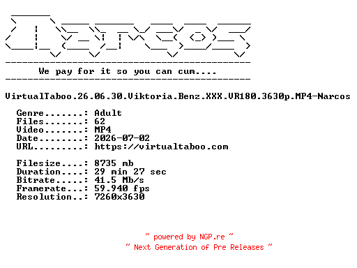 NFO for the release VirtualTaboo.26.06.30.Viktoria.Benz.XXX.VR180.3630p.MP4-Narcos by Narcos
