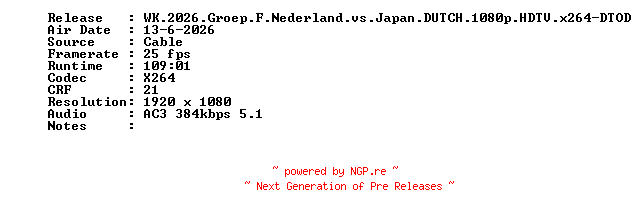 NFO for the release WK.2026.Groep.F.Nederland.vs.Japan.DUTCH.1080p.HDTV.x264-DTOD by DTOD