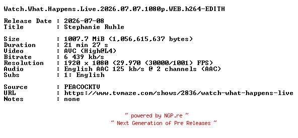 NFO for the release Watch.What.Happens.Live.2026.07.07.1080p.WEB.h264-EDITH by EDITH