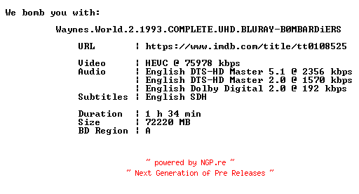NFO for the release Waynes.World.2.1993.COMPLETE.UHD.BLURAY-B0MBARDiERS by B0MBARDiERS