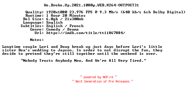 NFO for the release We.Broke.Up.2021.1080p.WEB.H264-OUTPOST31 by OUTPOST31