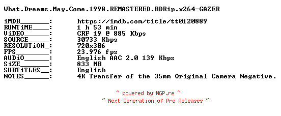 NFO for the release What.Dreams.May.Come.1998.REMASTERED.BDRip.x264-GAZER by GAZER