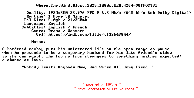 NFO for the release Where.The.Wind.Blows.2025.1080p.WEB.H264-OUTPOST31 by OUTPOST31