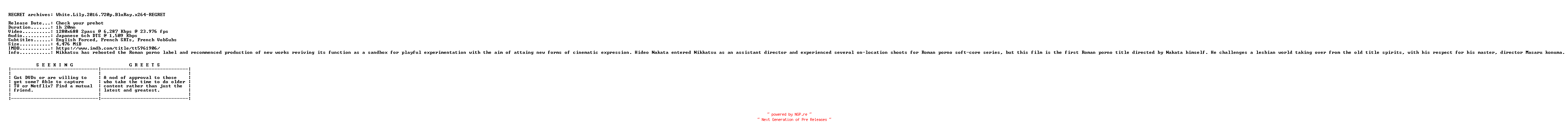 NFO for the release White.Lily.2016.720p.BluRay.x264-REGRET by REGRET