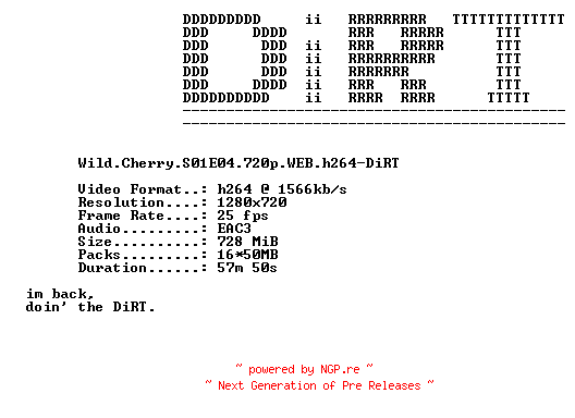 NFO for the release Wild.Cherry.S01E04.720p.WEB.h264-DiRT by DiRT
