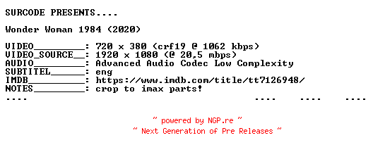 NFO for the release Wonder.Woman.1984.2020.BDRip.x264-SURCODE by SURCODE