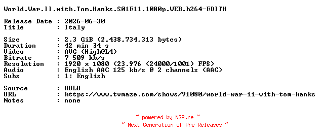 NFO for the release World.War.II.with.Tom.Hanks.S01E11.1080p.WEB.h264-EDITH by EDITH