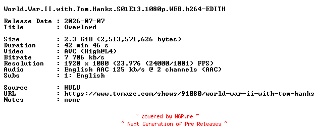 NFO for the release World.War.II.with.Tom.Hanks.S01E13.1080p.WEB.h264-EDITH by EDITH