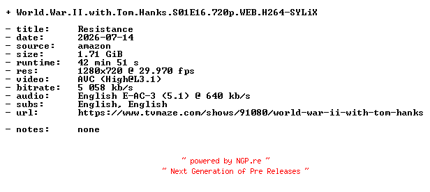 NFO for the release World.War.II.with.Tom.Hanks.S01E16.720p.WEB.H264-SYLiX by SYLiX