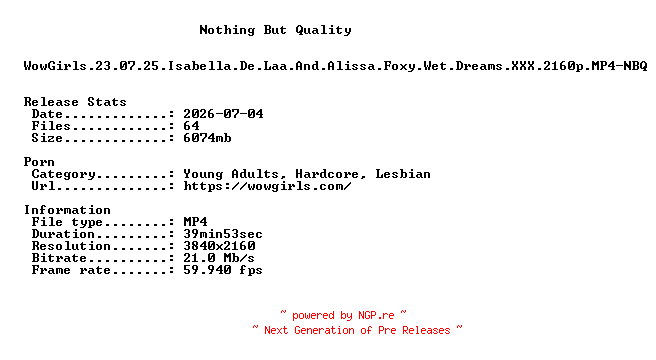 NFO for the release WowGirls.23.07.25.Isabella.De.Laa.And.Alissa.Foxy.Wet.Dreams.XXX.2160p.MP4-NBQ by NBQ