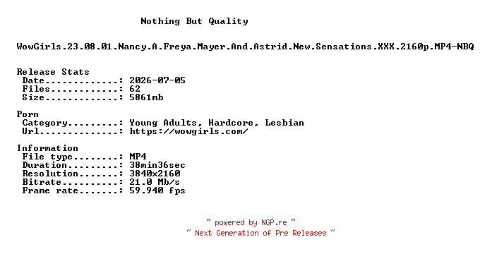 NFO for the release WowGirls.23.08.01.Nancy.A.Freya.Mayer.And.Astrid.New.Sensations.XXX.2160p.MP4-NBQ by NBQ