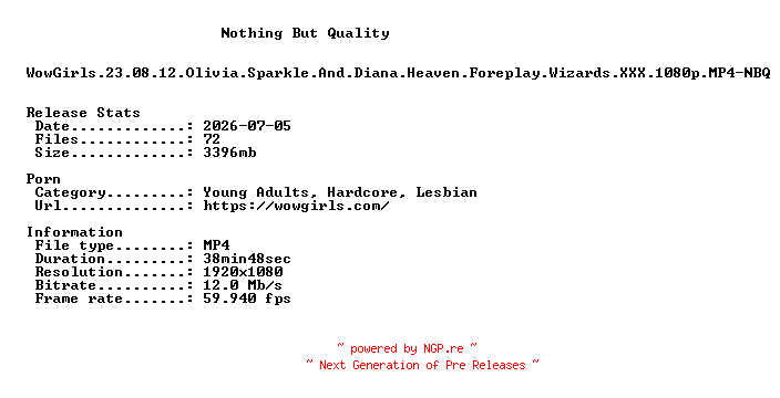 NFO for the release WowGirls.23.08.12.Olivia.Sparkle.And.Diana.Heaven.Foreplay.Wizards.XXX.1080p.MP4-NBQ by NBQ