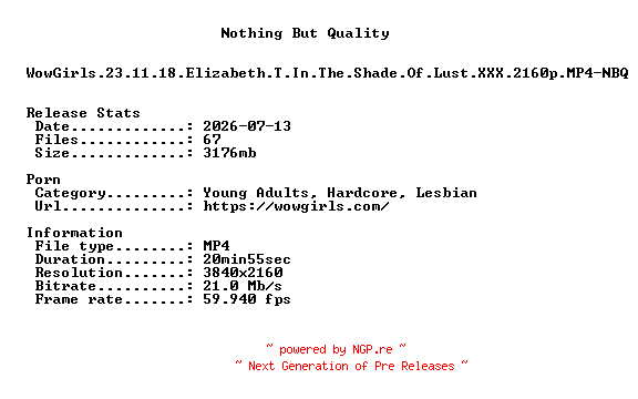 NFO for the release WowGirls.23.11.18.Elizabeth.T.In.The.Shade.Of.Lust.XXX.2160p.MP4-NBQ by NBQ