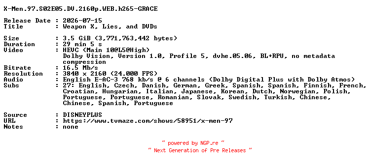 NFO for the release X-Men.97.S02E05.DV.2160p.WEB.h265-GRACE by GRACE