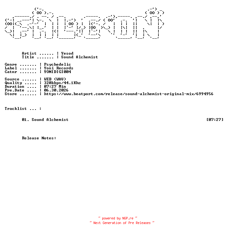 NFO for the release Yesod-Sound_Alchemist-(YONIDIGI004)-SINGLE-WEB-2026-FALCON by FALCON