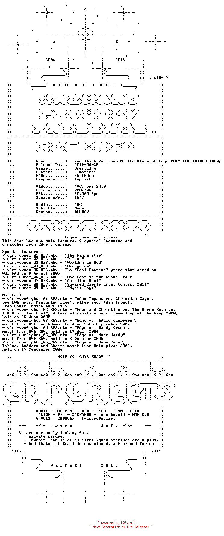 NFO for the release You.Think.You.Know.Me-The.Story.of.Edge.2012.D01.EXTRAS.REPACK.BDRip.x264-WaLMaRT by WaLMaRT