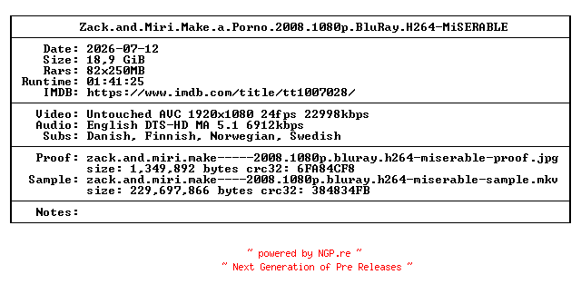 NFO for the release Zack.and.Miri.Make.a.Porno.2008.1080p.BluRay.H264-MiSERABLE by MiSERABLE