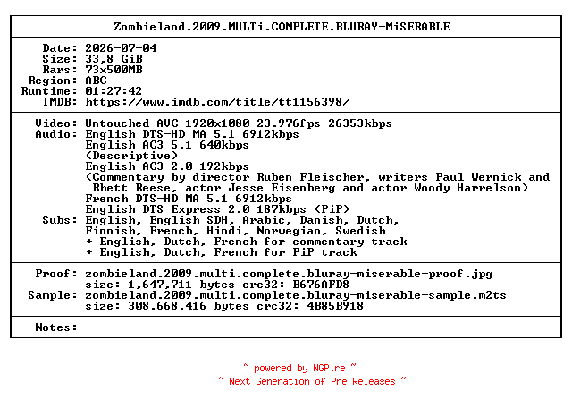 NFO for the release Zombieland.2009.MULTi.COMPLETE.BLURAY-MiSERABLE by MiSERABLE