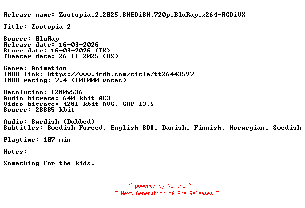 NFO for the release Zootopia.2.2025.SWEDiSH.720p.BluRay.x264-RCDiVX by RCDiVX